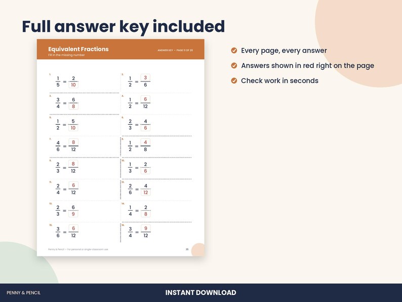 May include: A math worksheet titled Equivalent Fractions featuring sixteen problems with missing numbers. The page includes a brown header, black text, and red handwritten-style answers in boxes. Text reads Full answer key included.