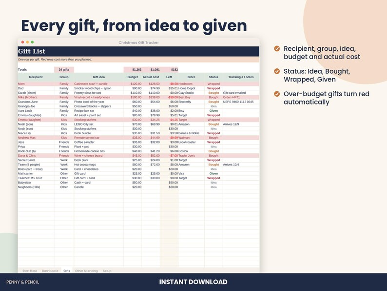 Christmas Gift Budget Tracker Spreadsheet, Holiday Gift List for Excel & Google Sheets image 3
