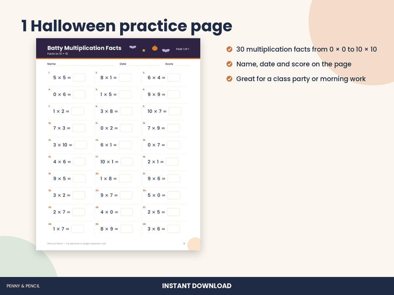 Halloween Multiplication Facts Worksheet, 3rd Grade Facts 0-10 (PDF Download) image 2