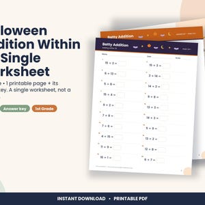 Hoja de ejercicios de sumas de Halloween hasta el 20, matemáticas de 1.er grado (descarga en PDF)
