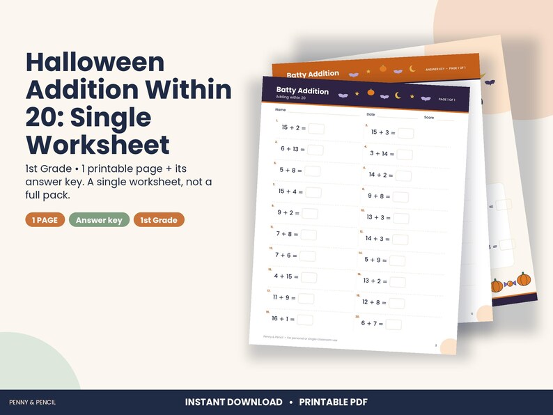 Halloween Addition Within 20 Worksheet, 1st Grade Math (PDF Download) image 1
