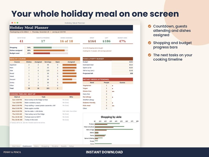 Thanksgiving and Christmas Dinner Planner Spreadsheet for Excel & Google Sheets image 2