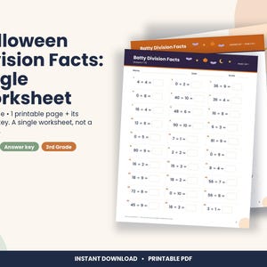 Hoja de ejercicios de división para Halloween, práctica de matemáticas de 3.er grado (descarga en PDF)
