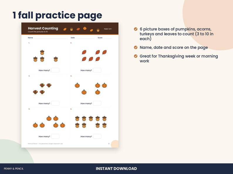 Thanksgiving Counting Worksheet, Kindergarten Fall Count to 10 (PDF Download) image 2