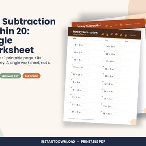 Thanksgiving Subtraction Within 20 Worksheet, 1st Grade Fall Math (PDF Download) image 1
