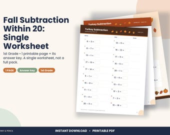 Hoja de ejercicios de resta para el Día de Acción de Gracias (dentro del rango de 20), matemáticas de otoño para primer grado (descarga en PDF)