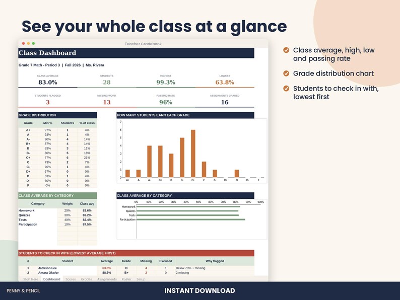 Teacher Gradebook Spreadsheet, Weighted Grade Calculator for Excel & Google Sheets Bild 2