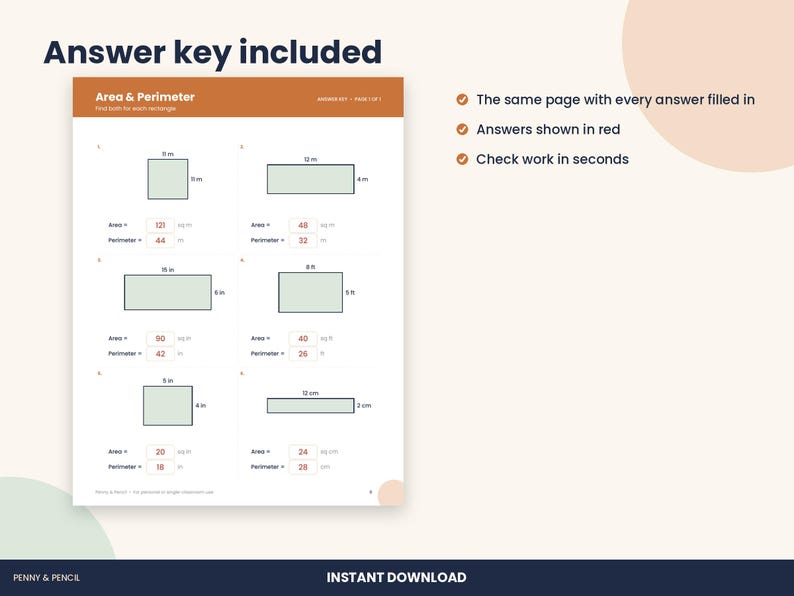 May include: A math worksheet titled Area & Perimeter with six rectangles, each labeled with dimensions in inches. The worksheet includes calculated area and perimeter values in red text, with an answer key header at the top.
