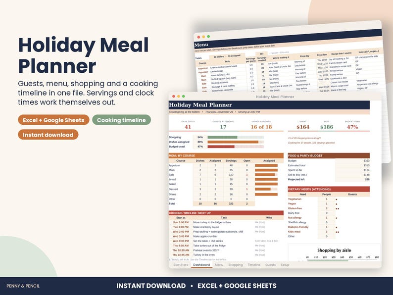 Thanksgiving and Christmas Dinner Planner Spreadsheet for Excel & Google Sheets image 1
