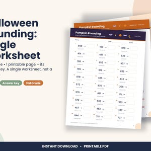May include: A printable Halloween Rounding maths worksheet for 3rd grade students. The document features columns of numbers to round, with a header titled Pumpkin Rounding, small bat and pumpkin icons, and an included answer key page.