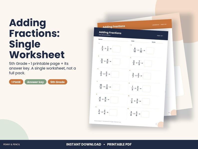 5th Grade Adding Fractions Worksheet, Like Denominators (PDF Download) image 1