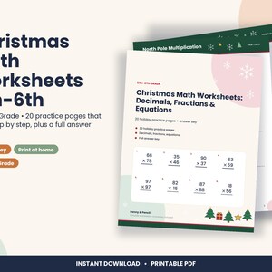 Christmas Math Worksheets 5th 6th Grade, Decimals, Fractions, Order of Operations & Equations, December Printable