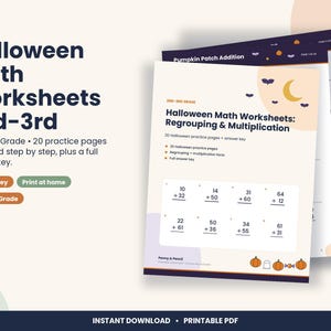Halloween Math Worksheets, 2nd and 3rd Grade Regrouping, Multiplication (PDF Download) imagen 1
