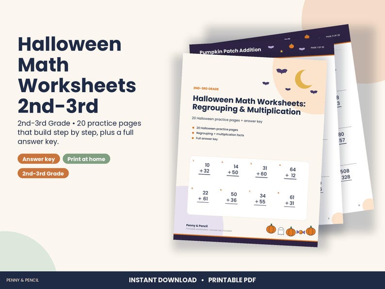 Halloween Math Worksheets, 2nd and 3rd Grade Regrouping, Multiplication (PDF Download) imagen 1