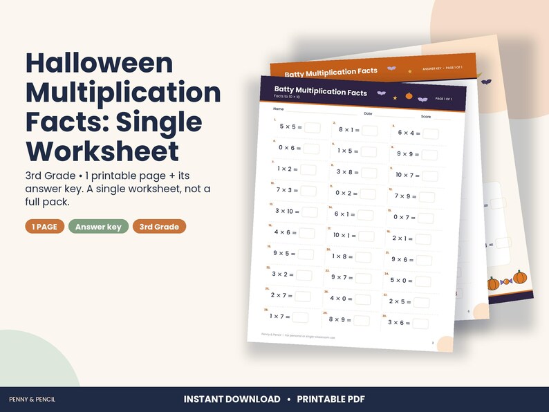 Halloween Multiplication Facts Worksheet, 3rd Grade Facts 0-10 (PDF Download) image 1