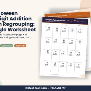 Op de afbeelding: Een printbaar werkblad genaamd Pumpkin Patch Addition met 2-cijferige optelsommen met overdracht. De witte pagina bevat een raster met sommen, een koptekst met velden voor naam, datum en score, en kleine oranje pompoenpictogrammen.