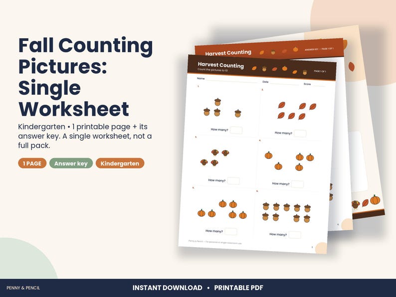 Thanksgiving Counting Worksheet, Kindergarten Fall Count to 10 (PDF Download) image 1
