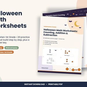 Halloween Math Worksheets, Kindergarten and 1st Grade Counting, Addition (PDF Download) image 1