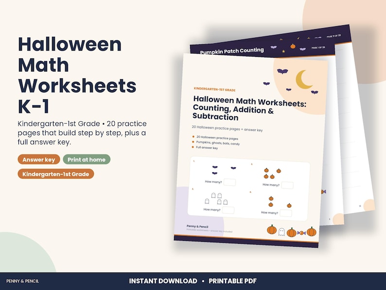Halloween Math Worksheets, Kindergarten and 1st Grade Counting, Addition (PDF Download) image 1