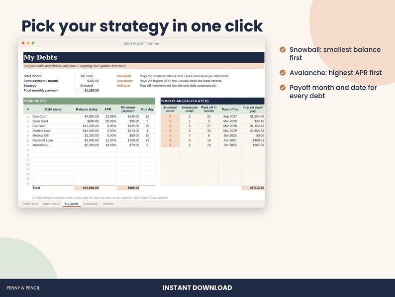 Debt Payoff Planner Spreadsheet, Snowball and Avalanche for Excel & Google Sheets image 4
