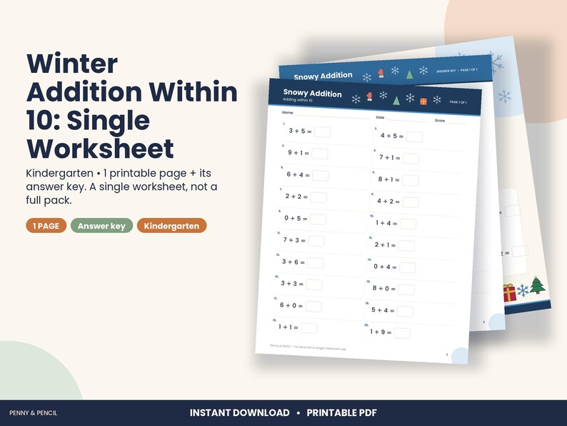 Christmas Addition Within 10 Worksheet, Kindergarten Winter Math (PDF Download) image 1