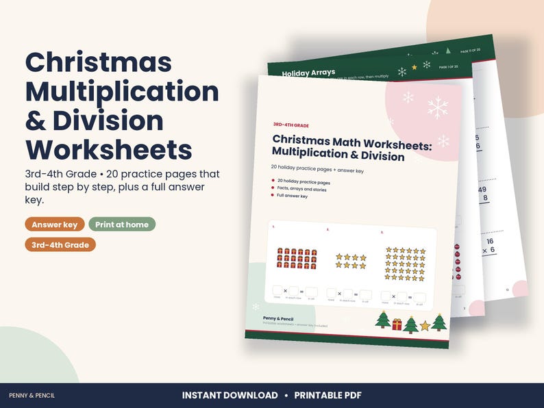 Christmas Math Worksheets, 3rd and 4th Grade Multiplication and Division (PDF Download) image 1