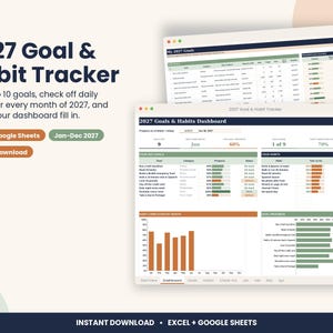2027 Habit Tracker Spreadsheet, New Year Goal Planner for Excel & Google Sheets
