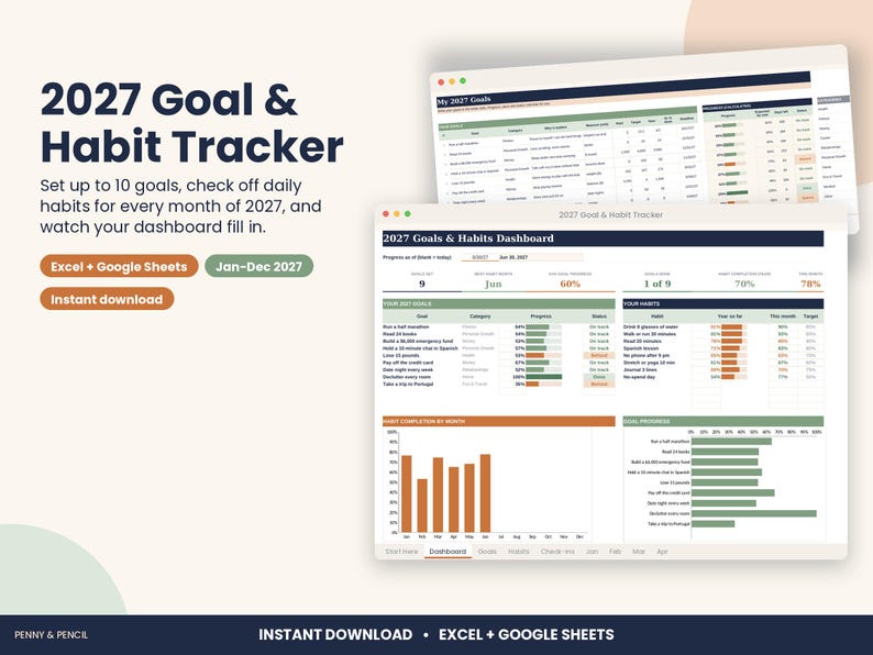2027 Habit Tracker Spreadsheet, New Year Goal Planner for Excel & Google Sheets image 1