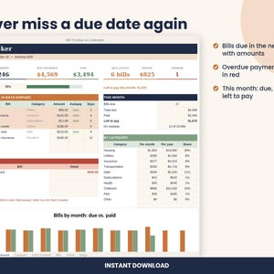 Pu&ograve; includere: Un'interfaccia di foglio di calcolo per il monitoraggio delle fatture intitolata Bill Tracker, con sezioni per i totali mensili, i pagamenti imminenti, le fatture scadute in rosso e una suddivisione per categoria. Include un grafico a barre.