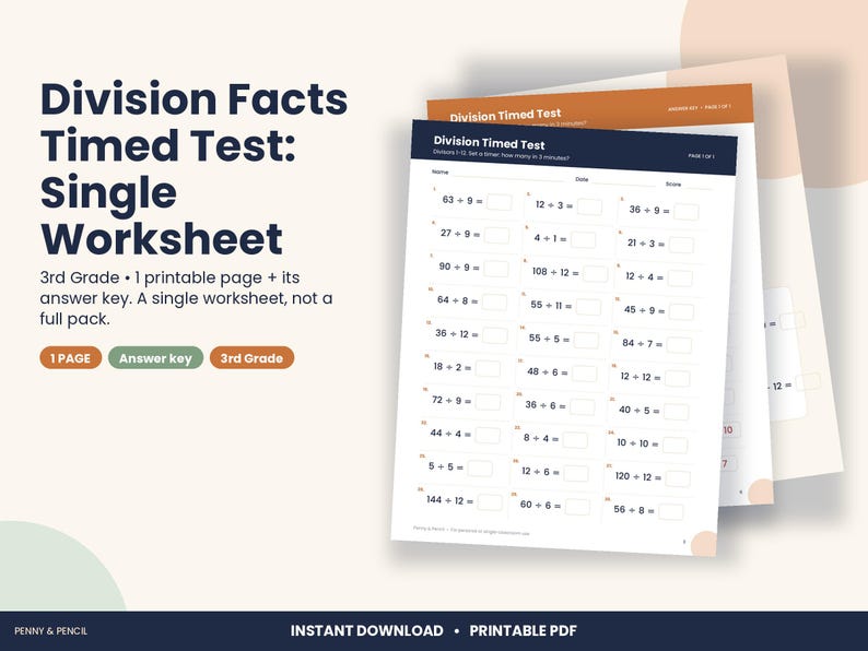 3rd Grade Division Facts Timed Test Worksheet (PDF Download) image 1
