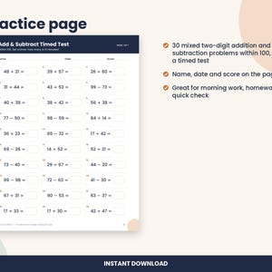 Op de afbeelding: Een oefenblad getiteld Add & Subtract Timed Test met 30 tweecijferige sommen tot 100. Het document bevat velden voor naam, datum en score, gerangschikt in drie kolommen met lege vakjes voor het invullen van de antwoorden.