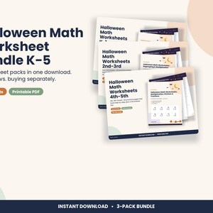 Halloween Math Worksheet Bundle K-5, 3 Printable Packs with Answer Keys, Homeschool & Classroom