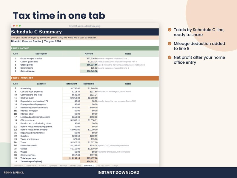 Small Business Bookkeeping Spreadsheet, Schedule C Expenses for Excel & Google Sheets image 4