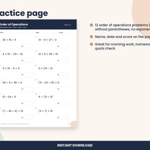 Op de afbeelding: Een oefenblad met de titel Order of Operations met twaalf wiskundige opgaven met haakjes en basisoperatoren. Het document bevat velden voor naam, datum en score, met lege vakjes voor de antwoorden naast elke vergelijking.