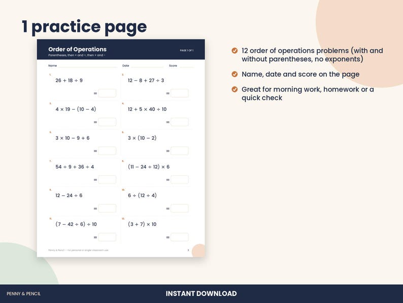 Op de afbeelding: Een oefenblad met de titel Order of Operations met twaalf wiskundige opgaven met haakjes en basisoperatoren. Het document bevat velden voor naam, datum en score, met lege vakjes voor de antwoorden naast elke vergelijking.