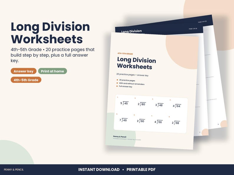 Long Division Worksheets, 4th and 5th Grade, 20 Pages with Answer Key (PDF Download) imagen 1
