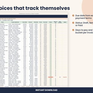 Freelancer Invoice Tracker Spreadsheet, Clients and Time Log for Excel & Google Sheets image 3