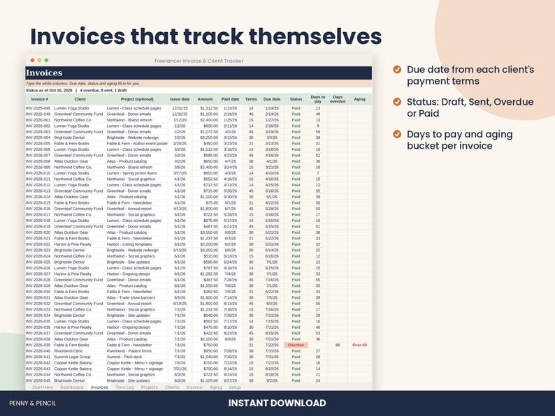 Freelancer Invoice Tracker Spreadsheet, Clients and Time Log for Excel & Google Sheets image 3