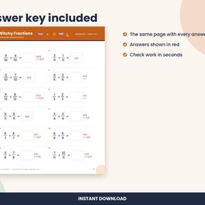 May include: A math worksheet titled Witchy Fractions featuring eight addition problems with fractions. The header is dark orange with small icons. The worksheet includes blank boxes for answers and red text showing the correct solutions.