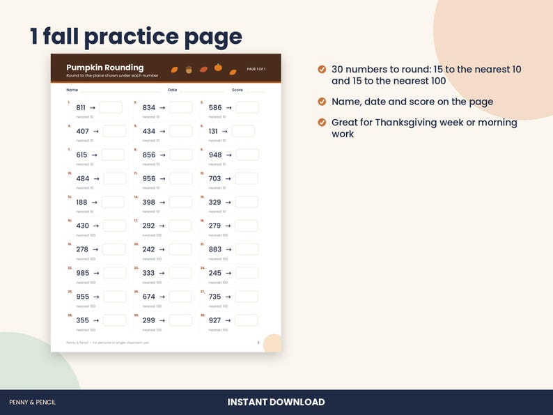Thanksgiving Rounding Worksheet, 3rd Grade Nearest 10 and 100 (PDF Download) image 2
