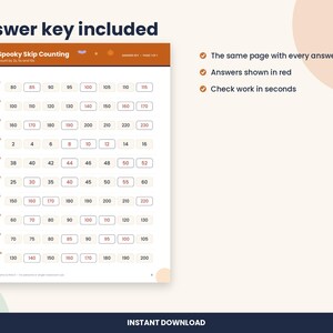 May include: A Spooky Skip Counting educational worksheet featuring rows of numbers with some values highlighted in red. The header reads Answer key included, and the page includes ten numbered rows of skip counting exercises for students.