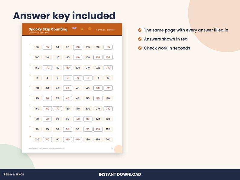 May include: A Spooky Skip Counting educational worksheet featuring rows of numbers with some values highlighted in red. The header reads Answer key included, and the page includes ten numbered rows of skip counting exercises for students.