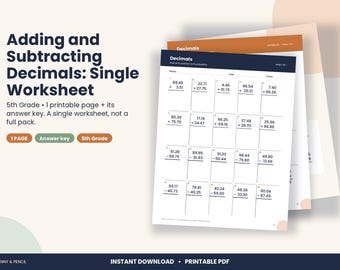 Op de afbeelding: Een printbaar wiskundewerkblad voor groep 7 met de titel Adding and Subtracting Decimals: Single Worksheet. Het document bevat een raster met twintig optel- en aftreksommen met decimalen, inclusief een apart blad met antwoorden.