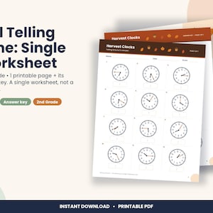 Thanksgiving Telling Time Worksheet, 2nd Grade Fall Math (PDF Download) imagen 1
