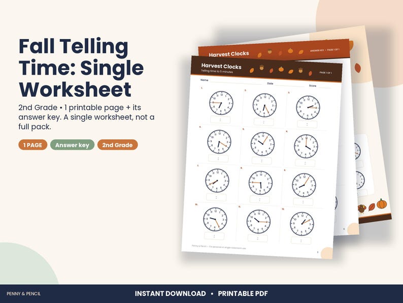 Thanksgiving Telling Time Worksheet, 2nd Grade Fall Math (PDF Download) imagen 1