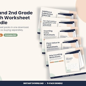 1st and 2nd Grade Math Worksheet Bundle, 5 Packs with Answer Keys (PDF Download) image 1