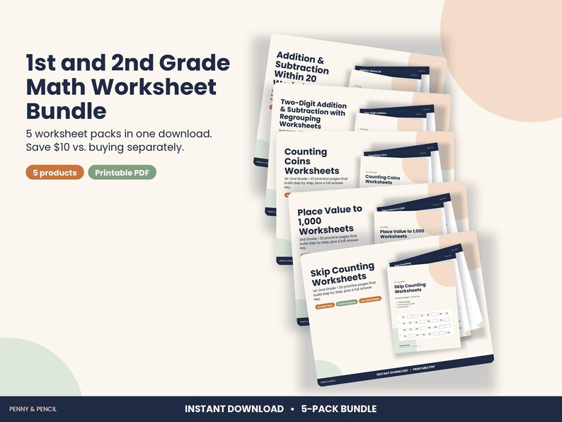 1st and 2nd Grade Math Worksheet Bundle, 5 Packs with Answer Keys (PDF Download) image 1