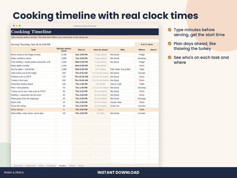 Thanksgiving and Christmas Dinner Planner Spreadsheet for Excel & Google Sheets image 5