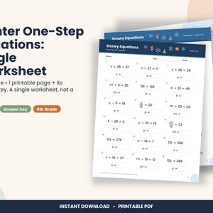 May include: A printable 6th grade maths worksheet titled Winter One-Step Equations: Single Worksheet. The document features a dark blue header with snowflake, tree, and gift icons, containing twelve algebraic equations to solve for variables.