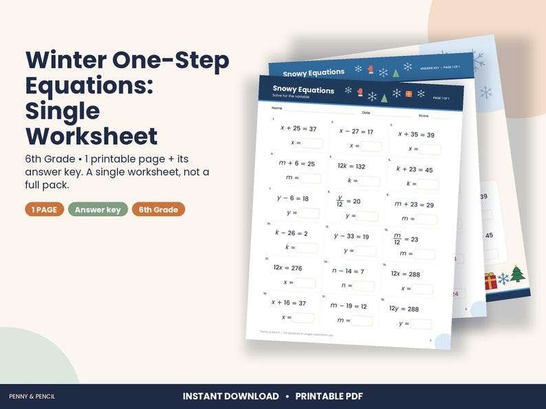 May include: A printable 6th grade maths worksheet titled Winter One-Step Equations: Single Worksheet. The document features a dark blue header with snowflake, tree, and gift icons, containing twelve algebraic equations to solve for variables.